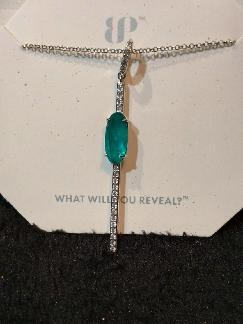 bp Silver-Tone Necklace with Teal Oval Stone and Crystal Bar